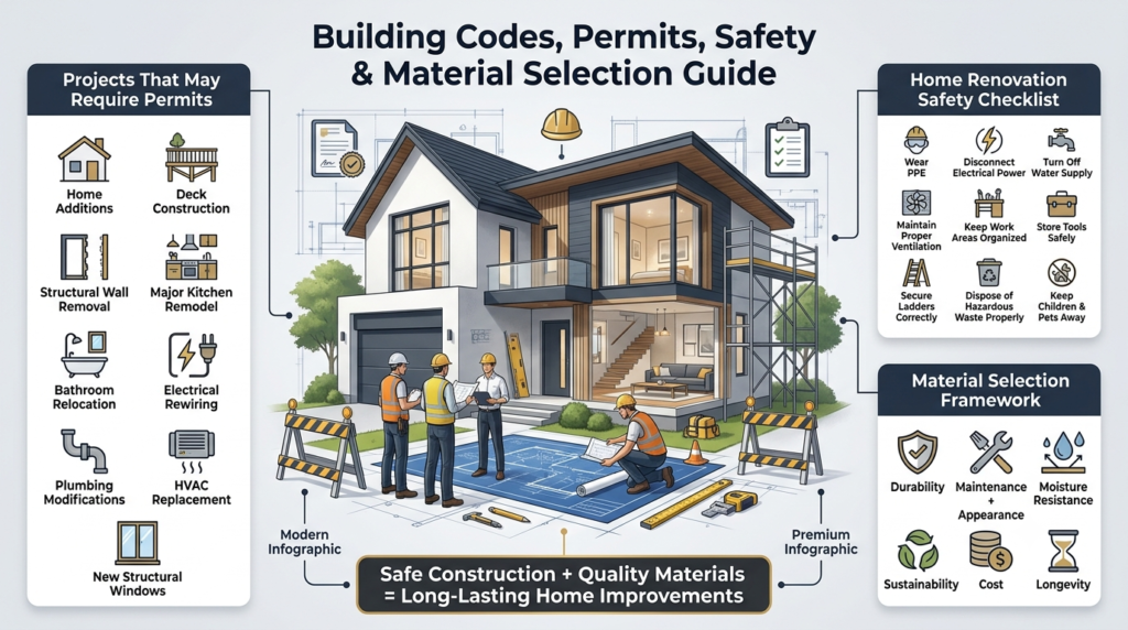 Professional home renovation infographic showing building permits, safety checklist, and material selection criteria around a modern luxury house under renovation.