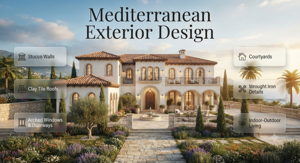 Luxury Mediterranean-style home with stucco walls, clay tile roof, arched windows, courtyard, wrought iron details, and infographic callouts highlighting key design features.