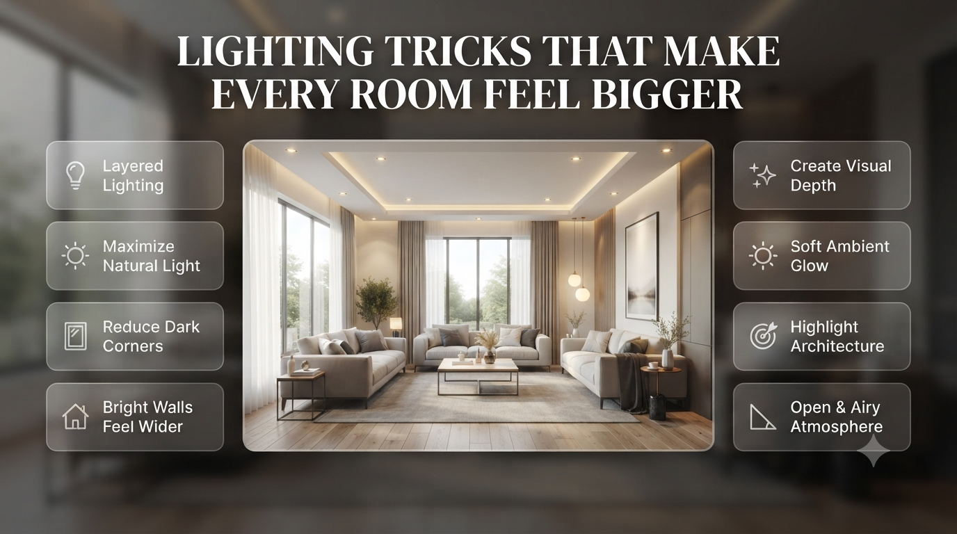 Modern interior demonstrating lighting tricks that make every room feel bigger with layered lighting, wall illumination, mirrors, and an open spacious atmosphere.