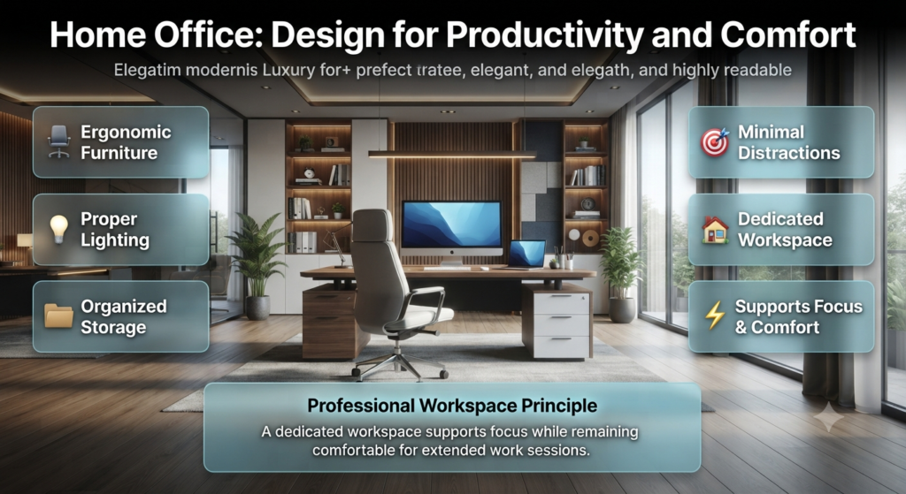 Luxury home office infographic featuring ergonomic furniture, proper lighting, organized storage, minimal distractions, and a productive workspace layout.
