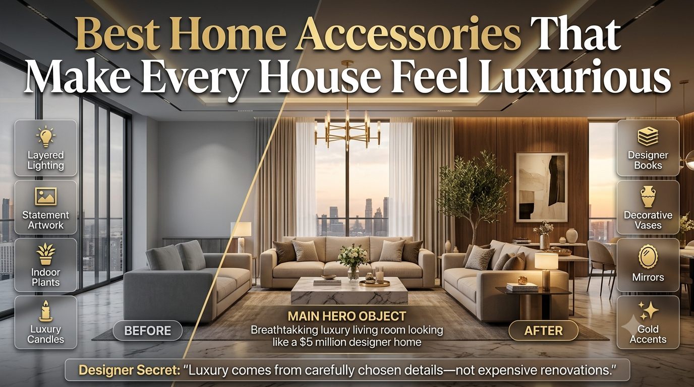Luxury home accessories infographic showing a stunning before-and-after living room transformation with designer décor, elegant lighting, artwork, plants, curtains, and premium decorative accents.