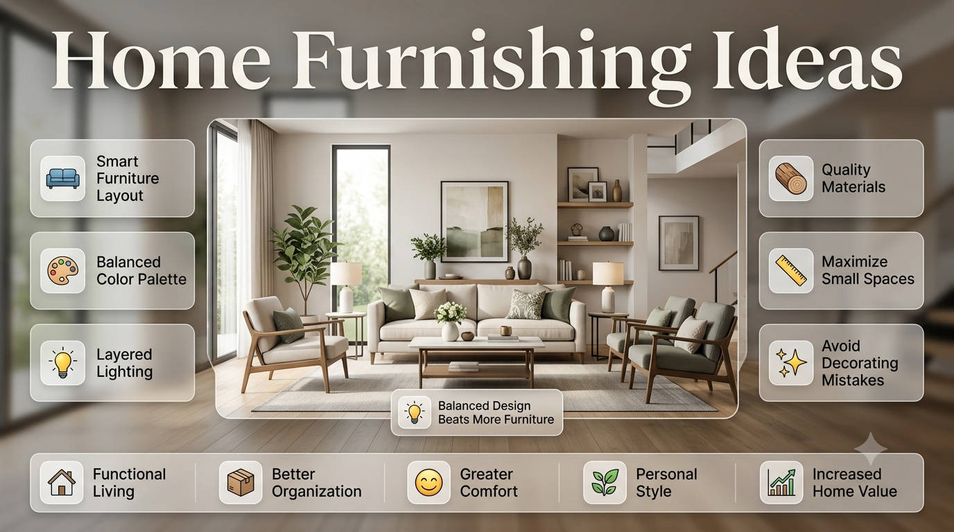 Modern home furnishing infographic featuring a stylish living room with smart furniture layout, balanced décor, lighting, colors, textures, and interior design tips.Home Furnishing Ideas: Latest Designing a Stylish, Comfortable, and Functional Home