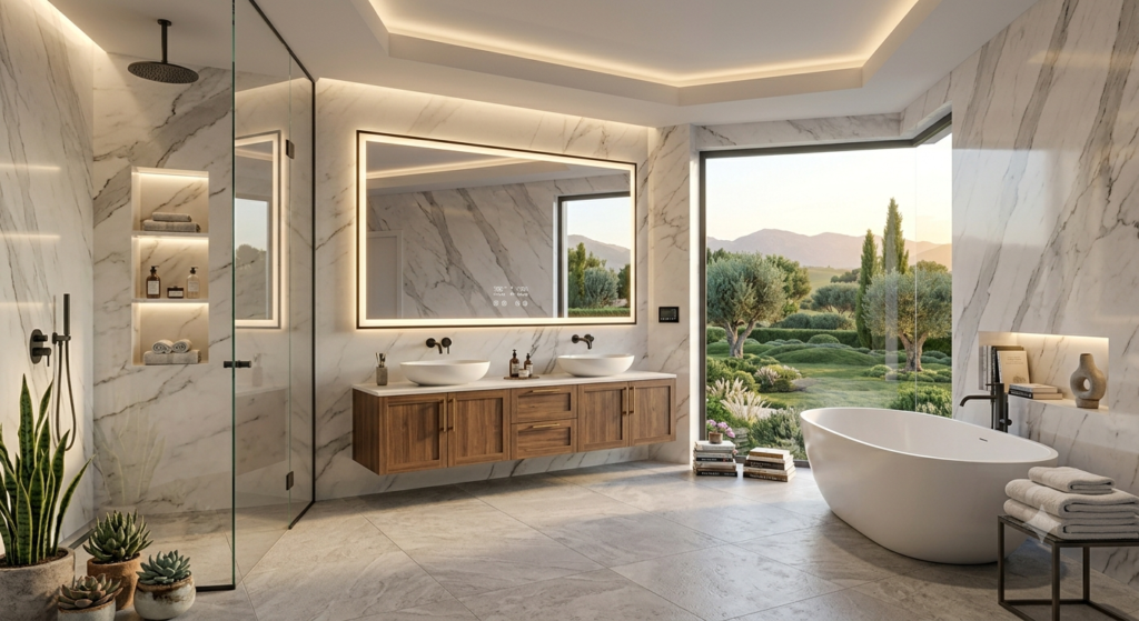 Transform your bathroom with modern remodeling ideas featuring a walk-in shower, stylish vanity, elegant tiles, smart lighting, and contemporary bathroom design.