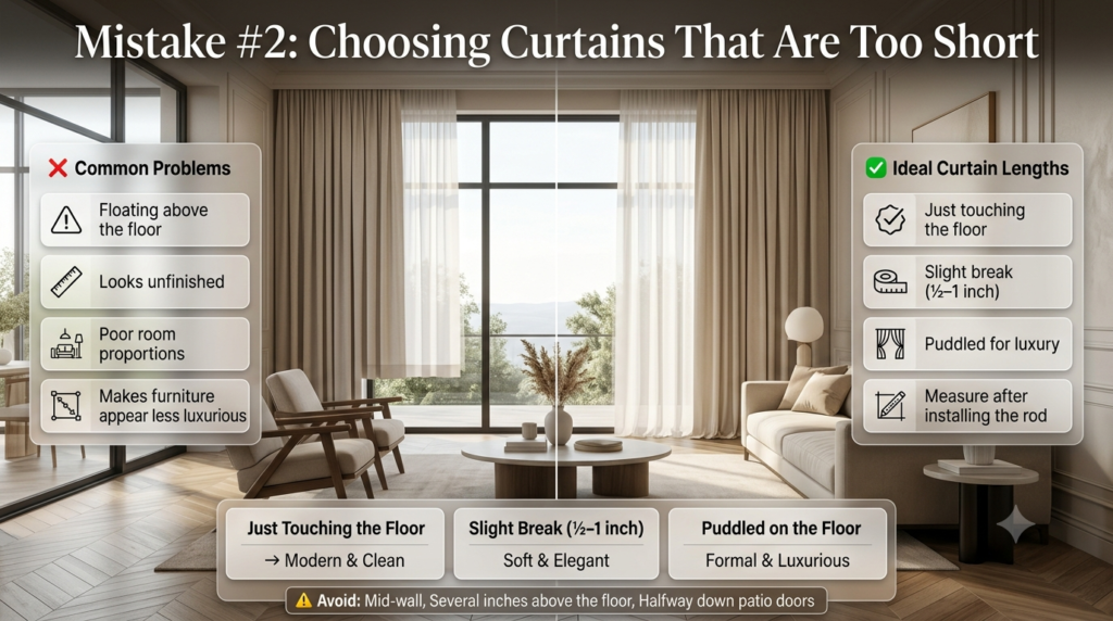 Infographic showing the difference between short and floor-length curtains, highlighting ideal curtain lengths for a more elegant and luxurious home interior.