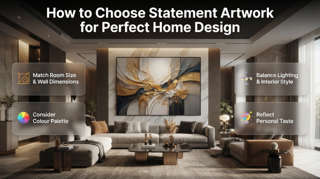 How to choose statement artwork for interiors using room size, wall dimensions, colour palette, lighting, and balanced décor styling.
