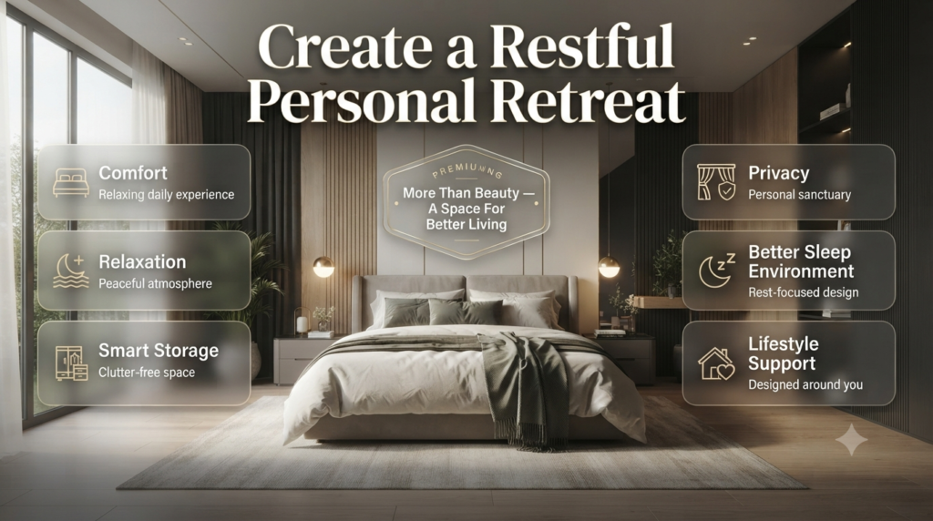 Bedroom upgrade infographic showing comfort, relaxation, storage, privacy, and better sleep environment design ideas.