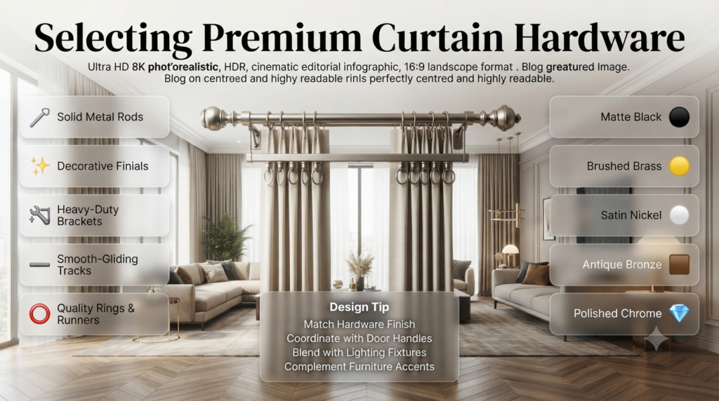 Premium curtain hardware including solid metal rods, decorative finials, heavy-duty brackets, smooth-gliding tracks, and luxury finishes in a modern interior.