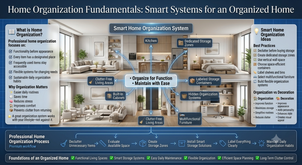 Luxury home organization infographic explaining home organization fundamentals, smart storage systems, dedicated storage zones, vertical shelving, decluttering strategies, and sustainable organization methods for modern homes.
