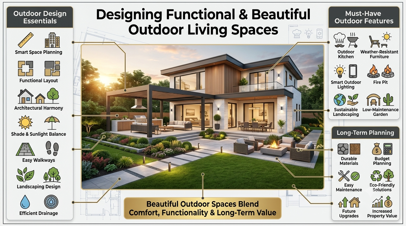 Luxury outdoor living space infographic featuring a modern home with a patio, outdoor kitchen, landscaping, smart lighting, and key outdoor design principles.Designing Functional & Beautiful Outdoor Living Spaces