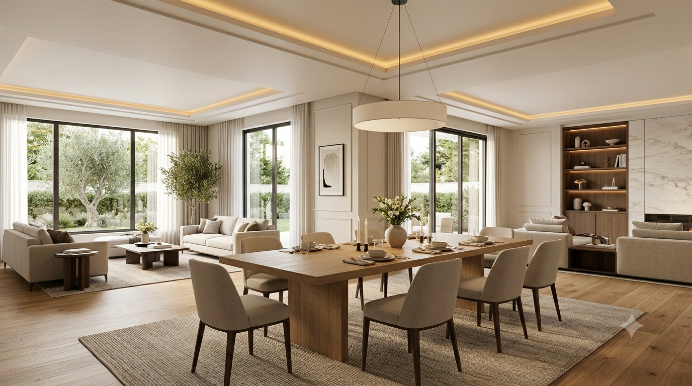 A luxury modern dining room featuring a spacious layout with a large oak dining table, upholstered chairs, elegant lighting, built-in storage, and wide circulation space.Modern Dining Room Layout Guide – Luxury Dining Space Design Inspiration