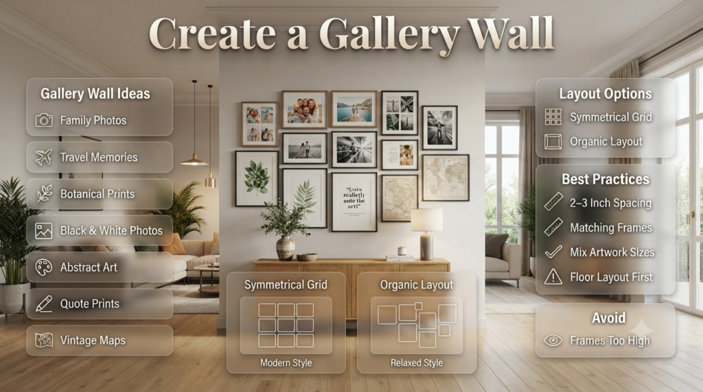Modern gallery wall featuring framed artwork, family photos, botanical prints, and layout ideas with spacing tips for stylish home wall décor.