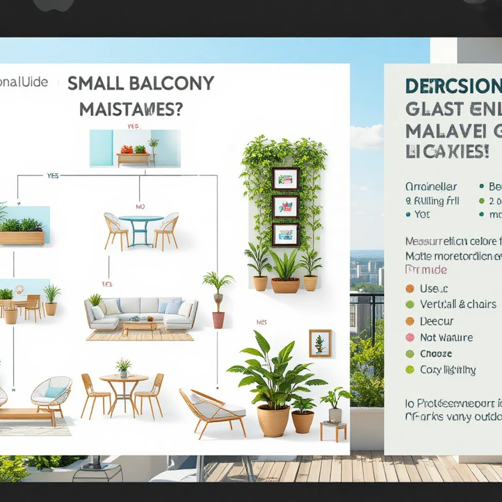 Decision tree infographic showing how to choose the best small balcony layout based on gardening, seating, and dining needs, with common makeover mistakes and professional design tips.